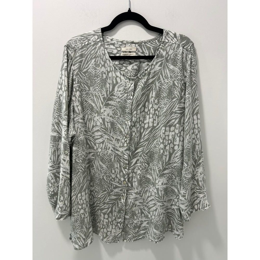 Christian Siriano New York 100% Linen Tropical Print Roll Tab Blouse Sage Green